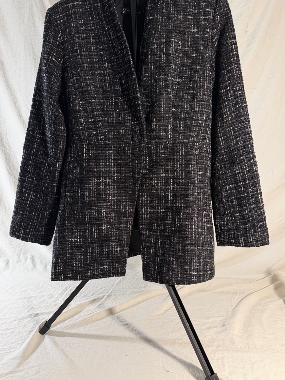 New York & Company Black and White Tweed Open-Front Blazer
